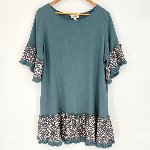 Umgee Blue Linen Blend Oversized Ruffle Dress Size M - Picture 1 of 6